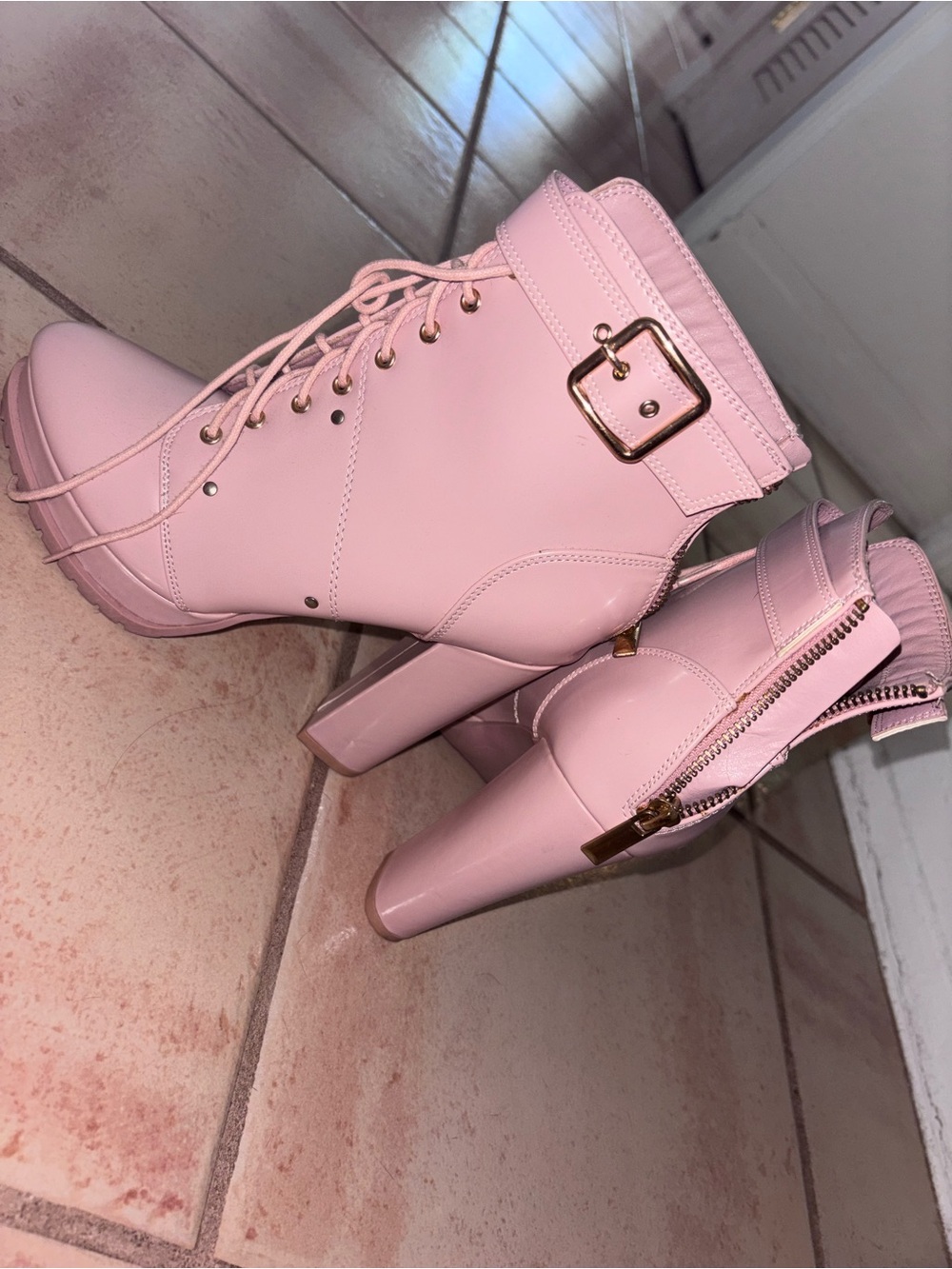 Shoe Dazzle Pink Lace-Up Block Heel Ankle Boots with Gold Accents